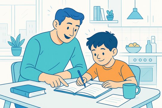 Father helping son with homework in cozy kitchen setting, smiling and bonding over study time, light cartoon style with soft background details. Ai generative