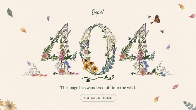 Floral 404 error page with botanical numbers and wild plants isolated on a transparent background