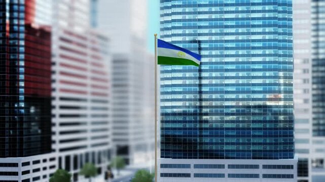 Bashkortostan Flag 3D Render Animation Waving in Front of Modern Glass Buildings - Daytime