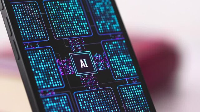 Smartphone display shows futuristic AI artificial intelligence system, big data processing, deep learning, binary code. Computing, technology, machine learning, computer network, analyzing, encryption