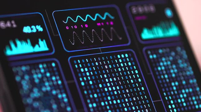 Smartphone display shows futuristic graphical user interface, data processing, encryption, machine learning, binary code. Computing, technology, deep learning big data, computer network, analyzing.