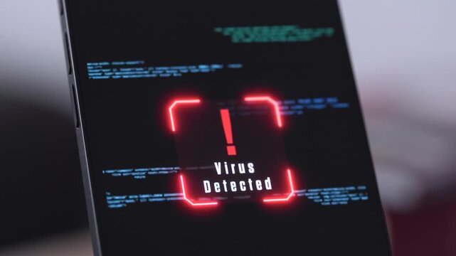 Computer virus detected warning sign, running source code, data, computer hacked, cyber crime. Virus warning on the screen, network security, privacy, danger, safety, firewall and computer language. 
