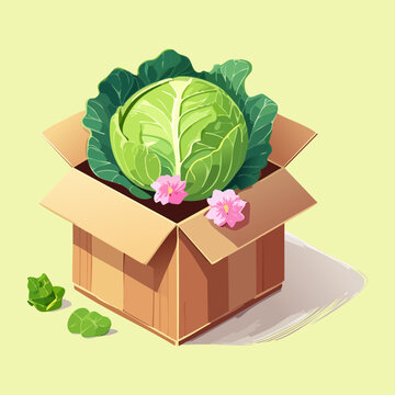 Cardboard box packed with fresh green cabbage heads for farm market vegetable delivery logo - Vector Illustration