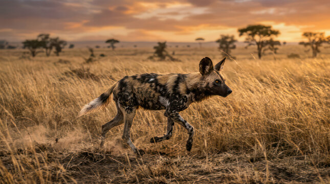 African Wild Dog Running Through Dry Grassland During Sunset.