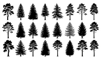 Fototapeta premium Realistic pine and evergreen tree silhouette collection isolated on white background