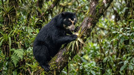 Obraz premium Andean bear perched on a tree branch in a lush forest environment.