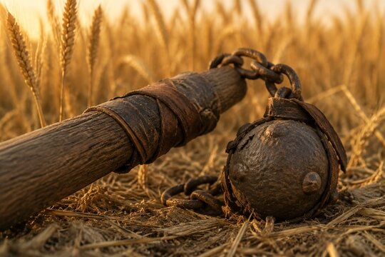 An old, worn flail discarded in a wheat field with textured wood and leather.