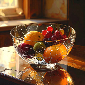Fresh fruit in decorative glass bowl catching sunlight on reflective surface