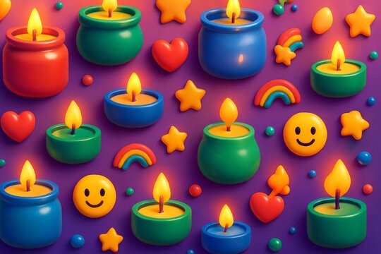 Colorful cartoon candles, hearts, stars, and smiley faces glowing brightly on a vibrant purple background. Light celebration concept illustration. Ai generative