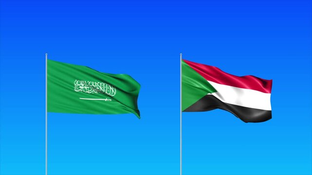 Saudi Arabia and Sudan Flags Animation Loop, Waving National Flags Background