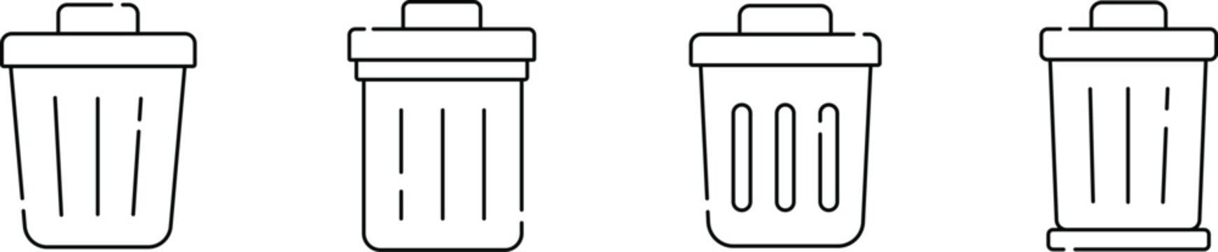 Trash Bin Icons Set Vector Illustration, Garbage Can, Waste Management and Recycling Line Art Collection
