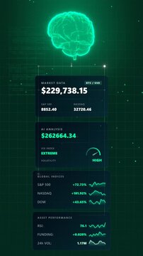 High-speed sequence tracking a bull market trading terminal featuring a glowing green financial data interface inside a rapid flow of algorithmic capital metrics displaying English metrics.