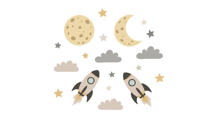 Outer space collection with rockets moons stars and clouds © herdi