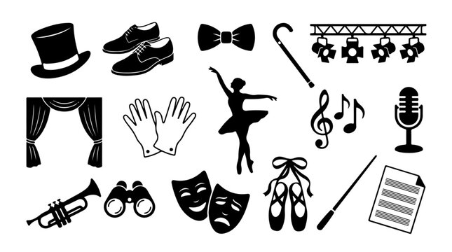 Performing arts silhouette illustration featuring music, dance, and theater elements symbolizing creativity, expression, and stage performance culture