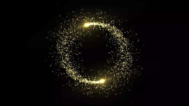 Abstract golden light particles rotating in circular motion on black background, gold glitter rotation circle sparkle. glowing fairy dust transition, featuring shimmering light or biting. 4K