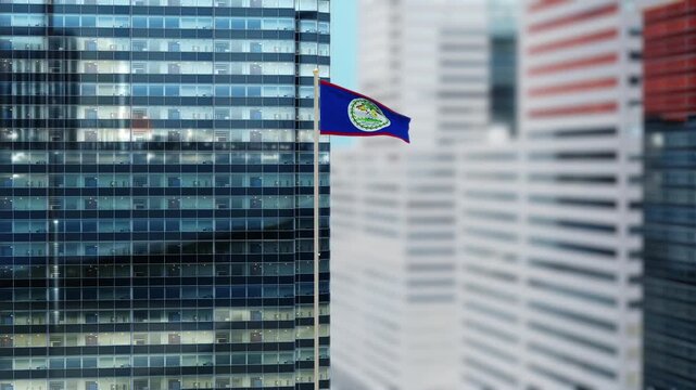 Belize Flag 3D Render Animation on Pole with Modern City Buildings - Shallow Depth of Field, Daytime View