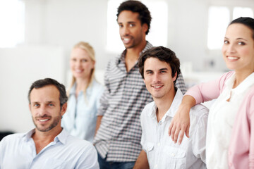 Fototapeta premium About us, architect and portrait of people in office together for collaboration, design or support. Creative, smile and teamwork with engineering group at work for building or construction career