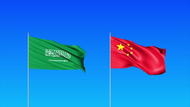 Saudi Arabia and China Flags Animation Loop, Waving National Flags Background