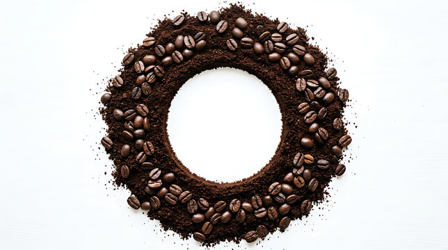 Decorative coffee bean wreath crafted with roasted beans and ground coffee on white background suitable for coffee shop or