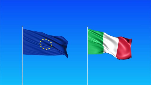 European Union and Italy Flags Animation Loop, Waving National Flags Background