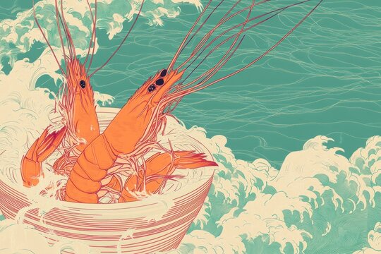 A vibrant illustration of two orange crustaceans in a bowl amidst ocean waves