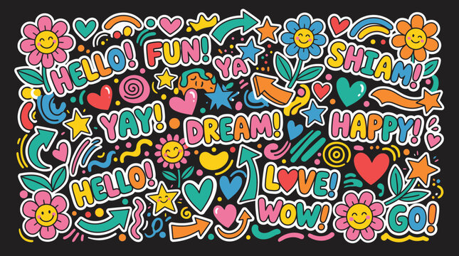 Vibrant colorful doodle wallpaper features fun happy words and symbols on black background now.