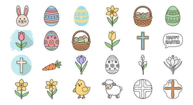 Easter icons set with eggs, bunny, flowers and crosses