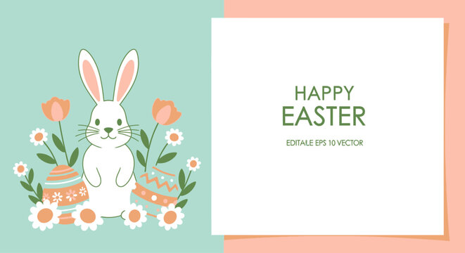White easter bunny with flowers and happy easter text