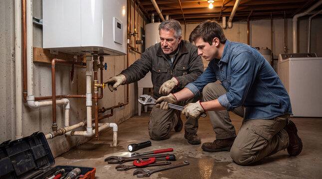 Plumber Mentoring Apprentice During Utility Room Pipe Repair Task