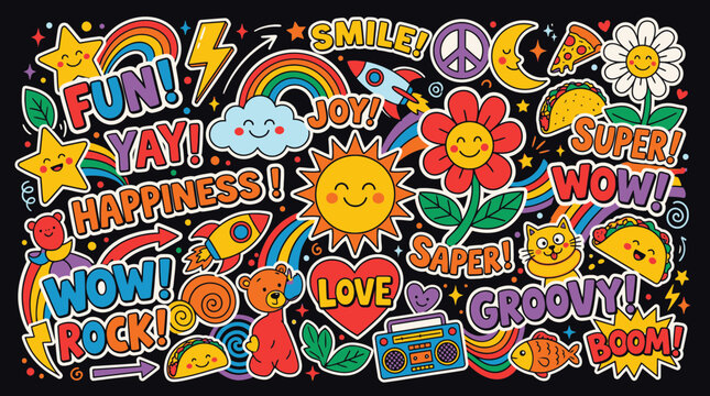 Vibrant doodle collage of a cheerful scene with fun illustrations and words.