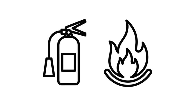 Fire extinguisher and flame icon set with extinguisher emergency protection equipment prevention extinguish isolated minimalist pictogram firefighting apparatus security incident