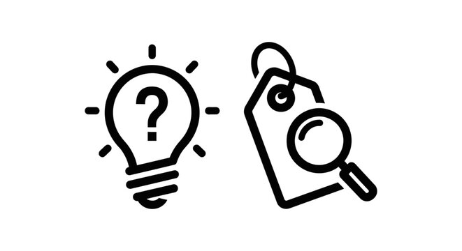 Idea bulb and search tag icon set with question magnifying innovation solution discovery research thinking strategy marketing commerce minimalist isolated pictogram business