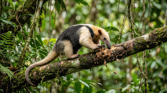 Giant Anteater Eating on a Tree Branch in a Forest.