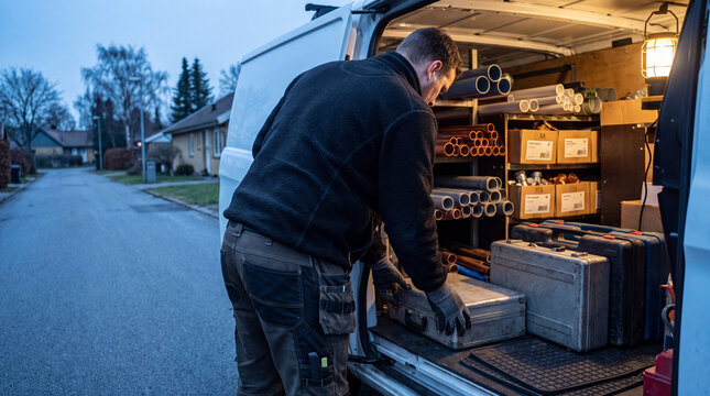 Plumber Loading Service Van Before Dawn Residential Job Start