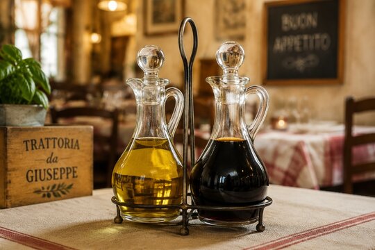 Glass cruets with olive oil and balsamic vinegar on a linen table.