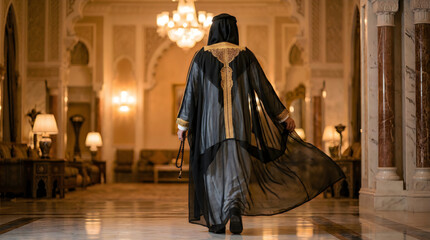 Naklejka premium Arab man in traditional bisht walking through a luxury palace hall