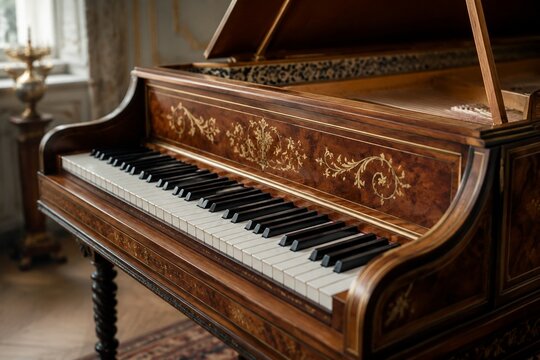 Baroque harpsichord with detailed woodwork and black and white keys.