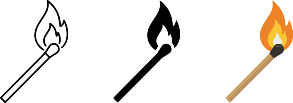 Set of lit matchstick icons in line art solid black and full color styles with matchstick ignition illustration collection silhouette isolated
