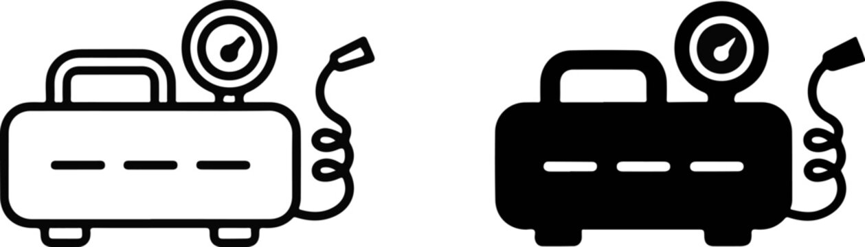 Set of air compressor icons in outline and solid black styles with compressor pressure equipment industrial machinery illustration collection