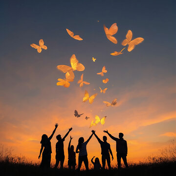 Group of People Releasing Butterflies at Sunset Sky