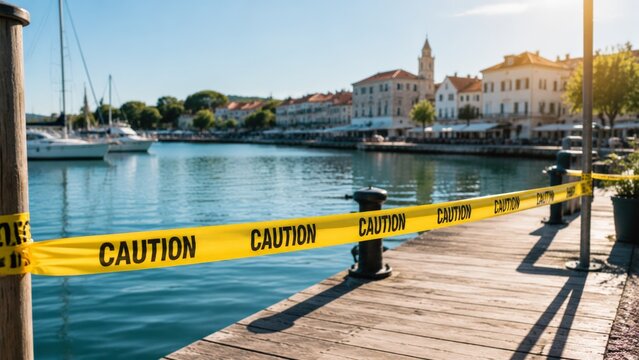 Yellow caution tape marks a restricted zone along a wooden pier in a marina, with boats visible in the harbor and buildings in the background