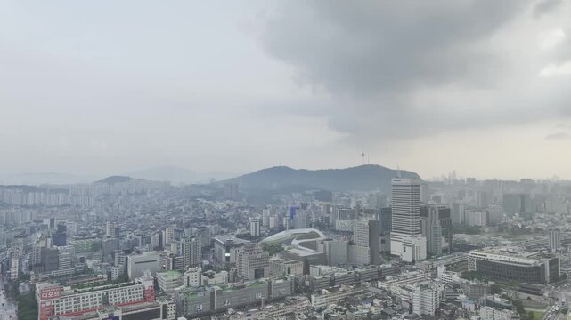 Aerial Drone View of Jongno Cityscape near Dongmyo Station and DDP Dongdaemun Design Plaza in Seoul, South Korea