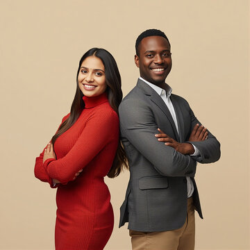 Smiling professional man and woman standing back to back against a neutral background