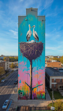 Large Stork Mural Painted on Urban Building Facade in a Vibrant Artistic Style
