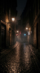 Fototapeta premium Moody Nighttime Scene of Narrow European Cobblestone Street Illuminated by Warm Glowing Street Lamps Creating Atmospheric and Mysterious Urban Alleyway Perspective