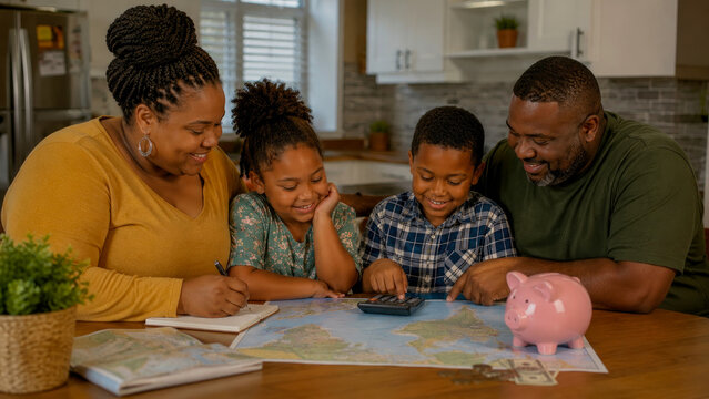 Happy African American family of four sits together at dining table, using calculator and map to plan future vacation or budget while saving money with piggy bank.