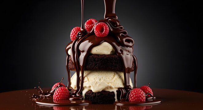 Decadent chocolate lava cake with vanilla ice cream and raspberries