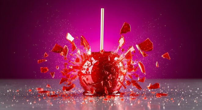 Shattered red candy apple with stick on purple background