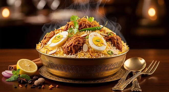 Authentic hyderabadi biryani with saffron eggs and fried onions in golden bowl