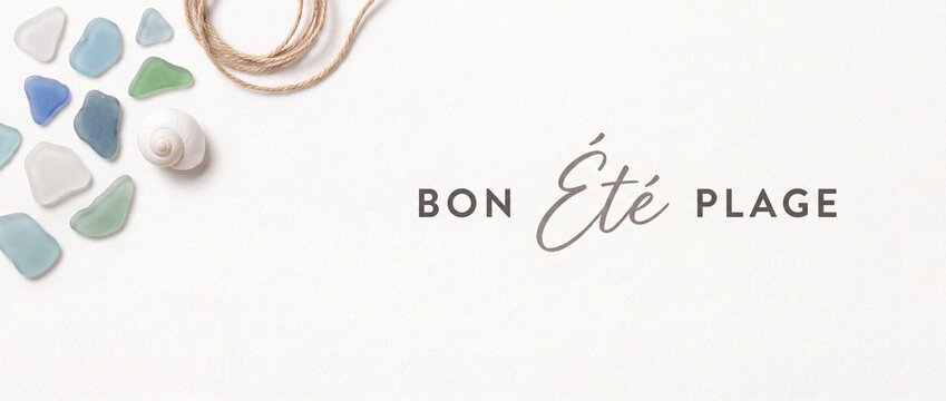 Sea glass beach summer background with seashell and rope on white textured paper. Minimalist French Bon Ete Plage text banner for seasonal holiday greetings, coastal travel concepts, spa designs.